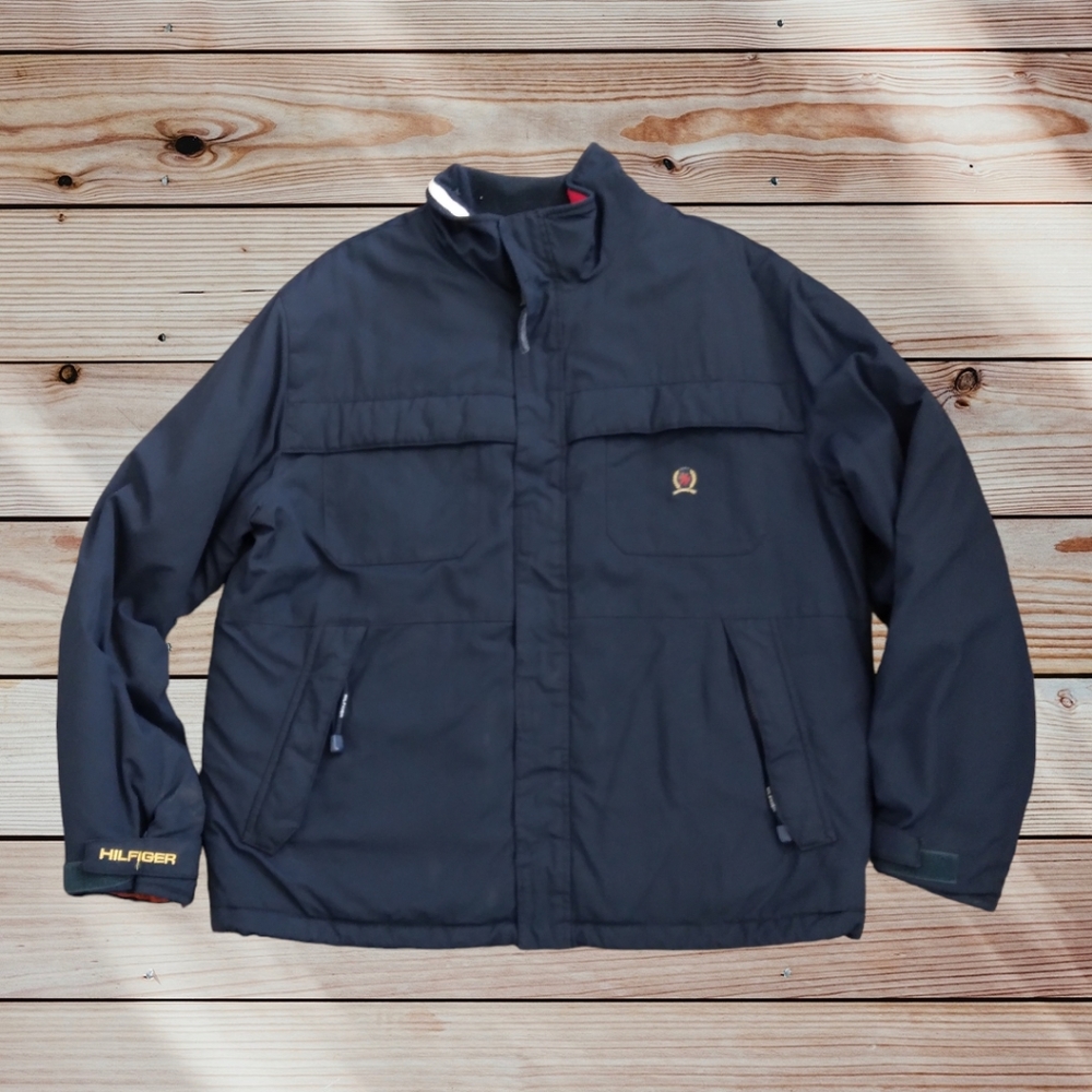 Vintage Tommy Hilfiger Navy Bomber Jacket Golden Crest XL